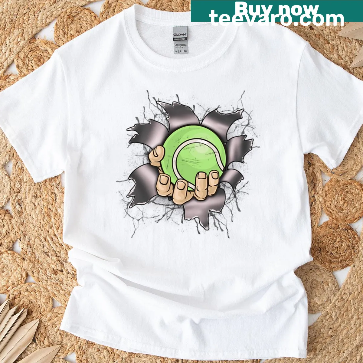 Bold oversized T-shirt with tennis-themed text — on a men's t-shirt