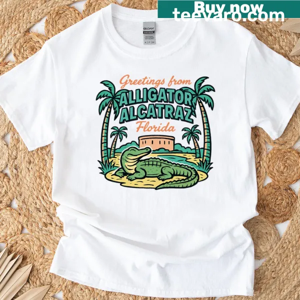 T-shirt with a playful illustration of an alligator in prison bars