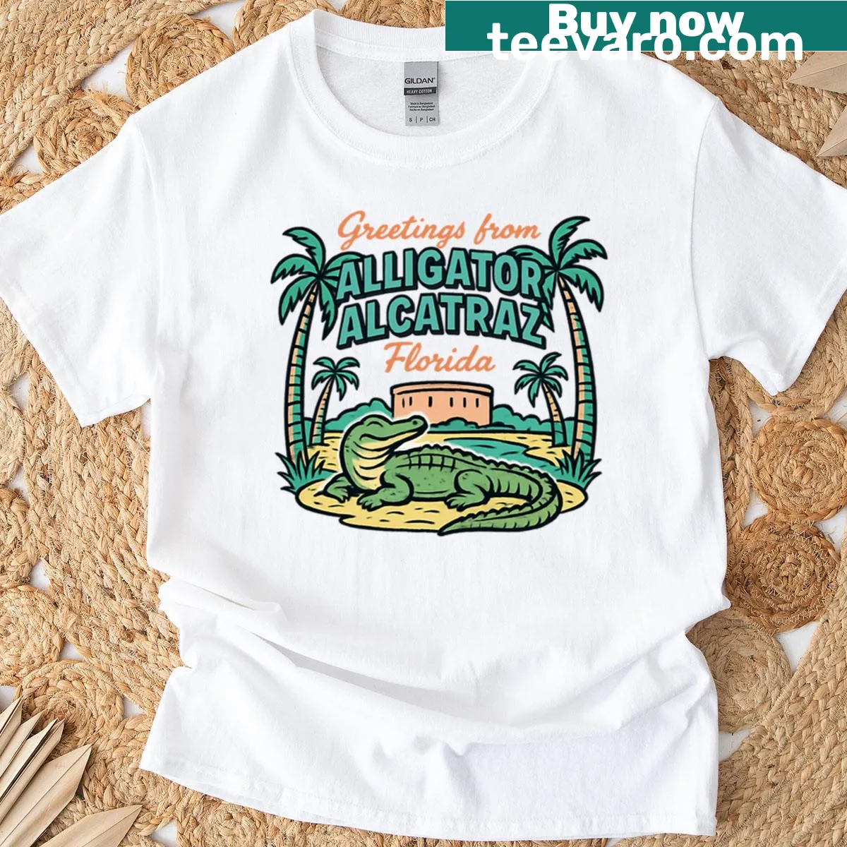 T-shirt with a playful illustration of an alligator in prison bars — on a men's t-shirt