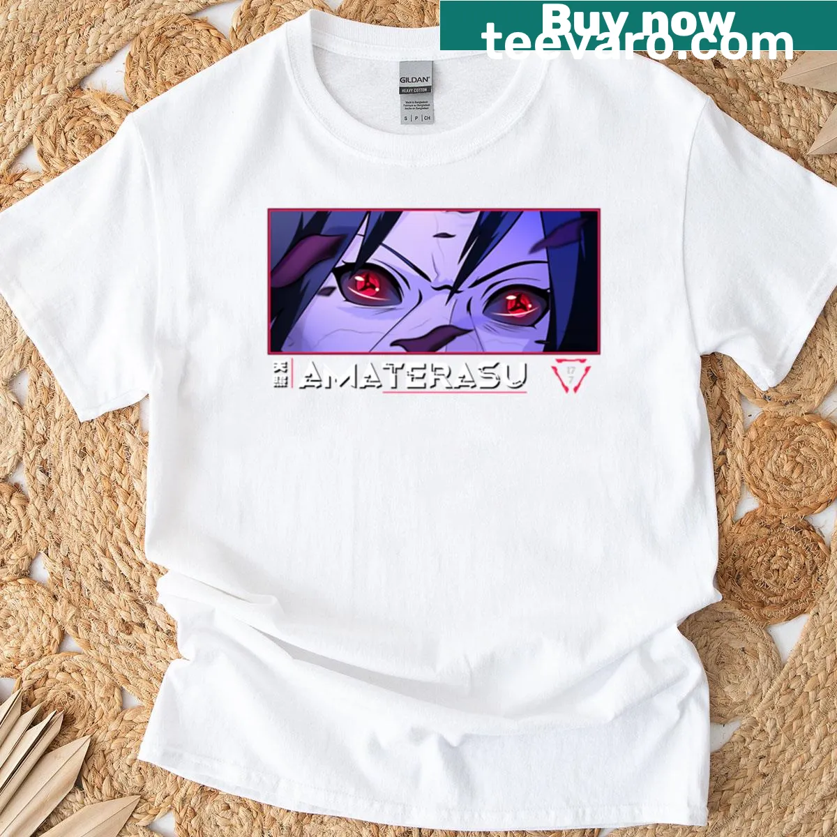 Cozy anime t-shirt with Amaterasu-inspired eyes graphic — on a men's t-shirt
