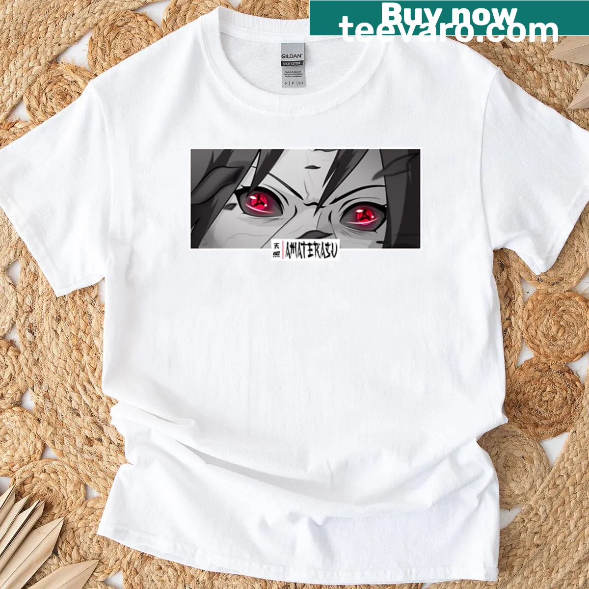 Monochrome Amaterasu anime eyes graphic on oversized t-shirt — on a men's t-shirt