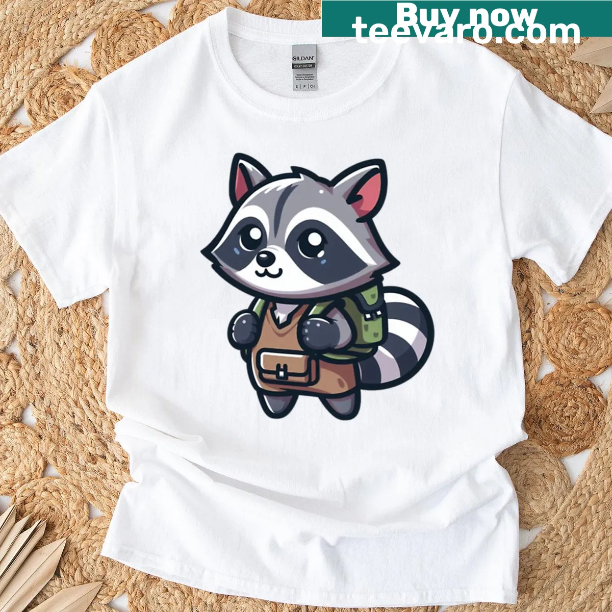 Funny oversized T-shirt with a raccoon carrying a backpack — on a men's t-shirt