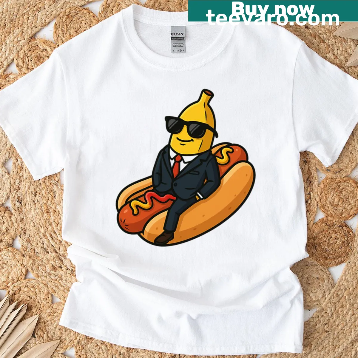 Cartoon T-shirt featuring a banana in a hot dog suit — on a men's t-shirt