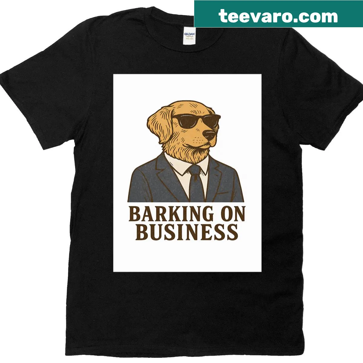Funny dog t-shirt with 'Barking On Business' text — on a men's t-shirt