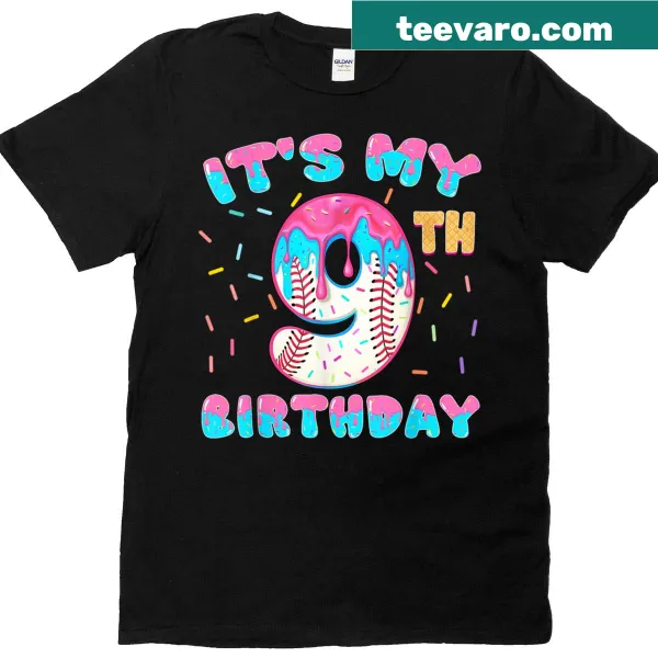 Baseball-themed 9th birthday t-shirt with ice cream and number 9