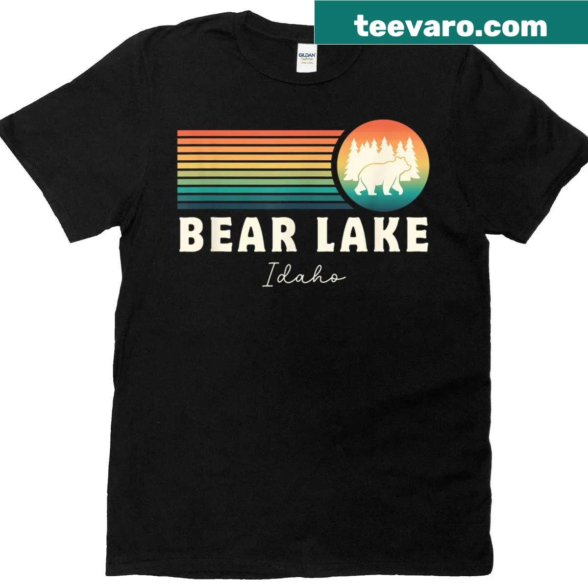 Illustrated Bear Lake T-shirt featuring scenic views of Idaho's beautiful landscape — on a men's t-shirt