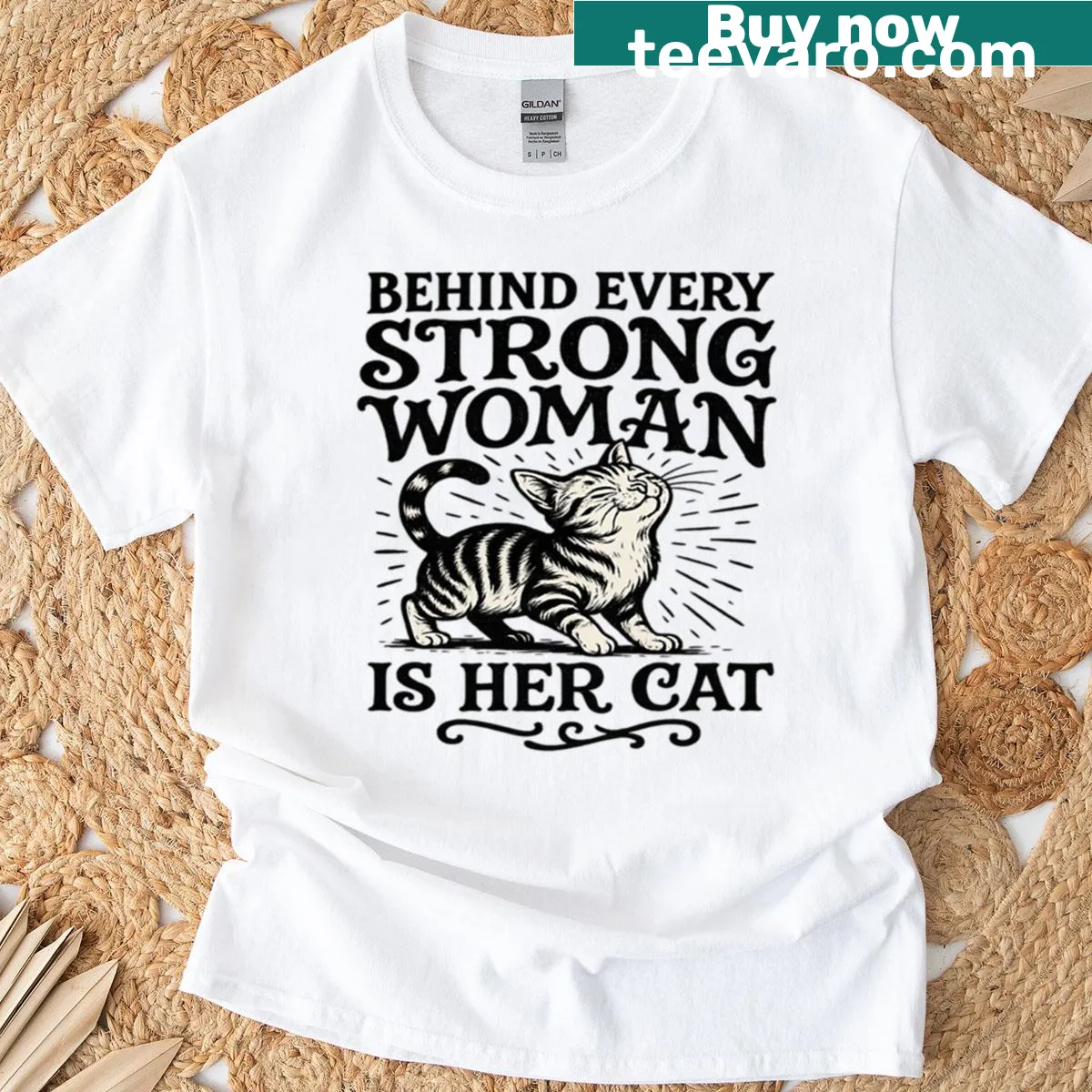 Empowering feminist cat art centered on a strong woman and her cat. — on a men's t-shirt