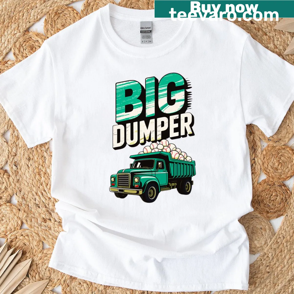 Oversized t-shirt featuring dumper truck design and personalized last name — on a men's t-shirt