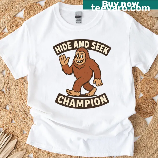 Funny retro t-shirt featuring Bigfoot as the 'Hide And Seek Champion'