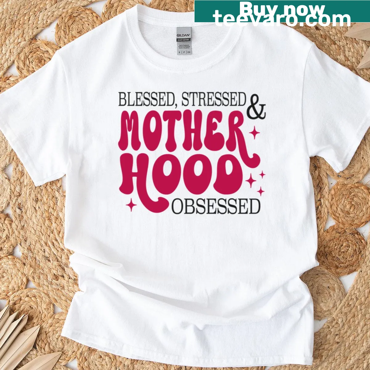 Funny t-shirt with 'Blessed Stressed Motherhood Obsessed' text — on a men's t-shirt