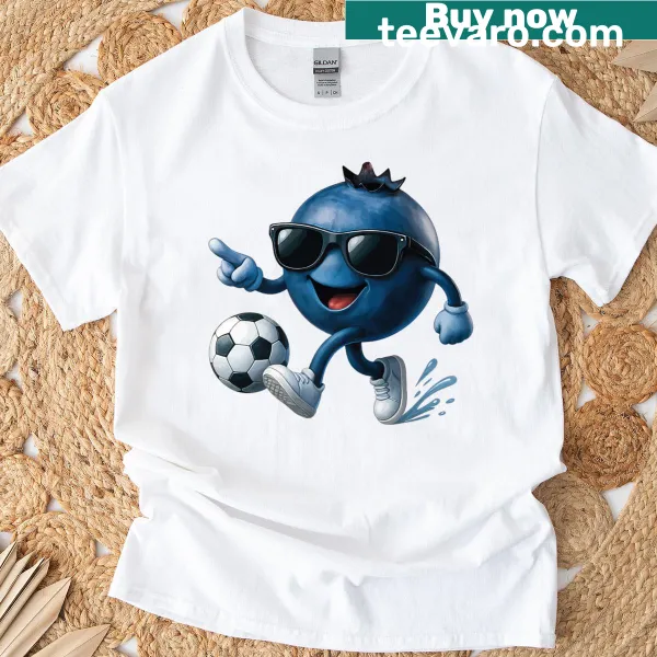 Playful soccer-themed t-shirt with a blueberry character