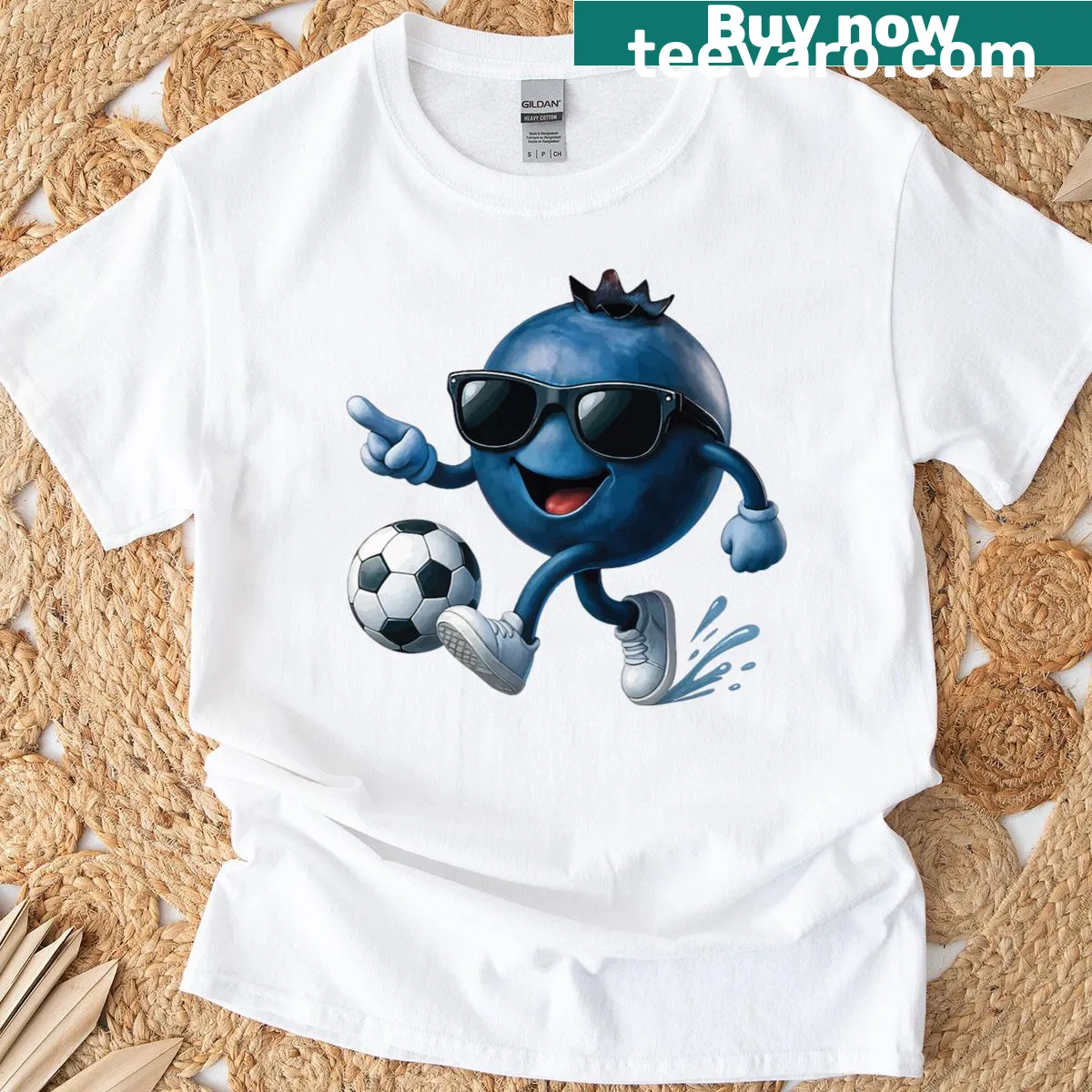 Playful soccer-themed t-shirt with a blueberry character — on a men's t-shirt