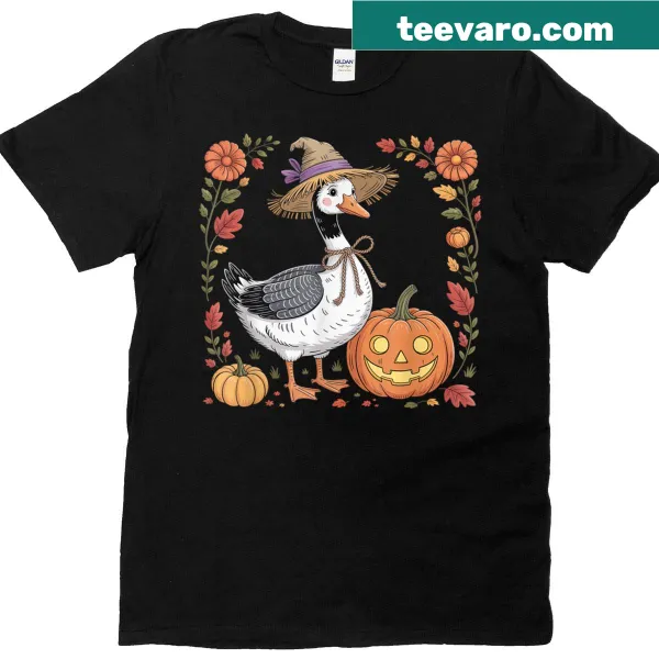 Boho floral T-shirt with a silly goose and pumpkin patch design