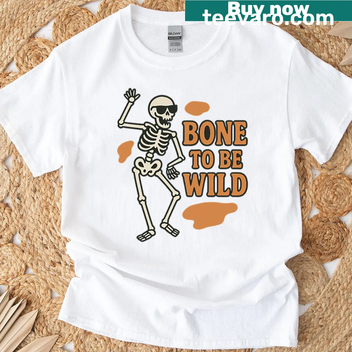 Playful dancing skeleton design for Halloween T-shirt — on a men's t-shirt