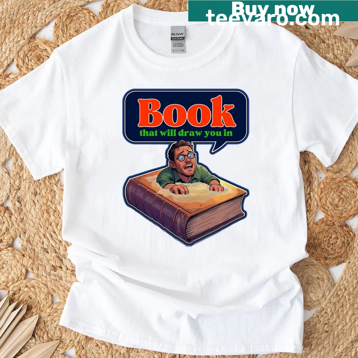 T-shirt with text about books drawing readers in — on a men's t-shirt