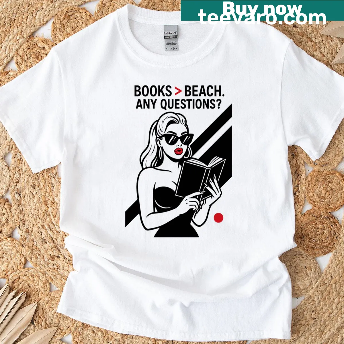 Funny t-shirt with a girl reading and text 'Books Over Beach'. — on a men's t-shirt