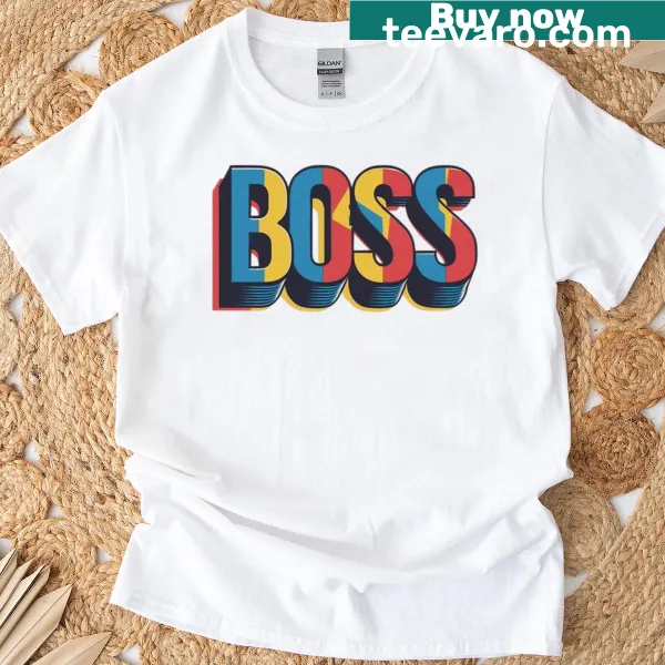 Cute t-shirt saying 'Boss' with humorous office graphics.