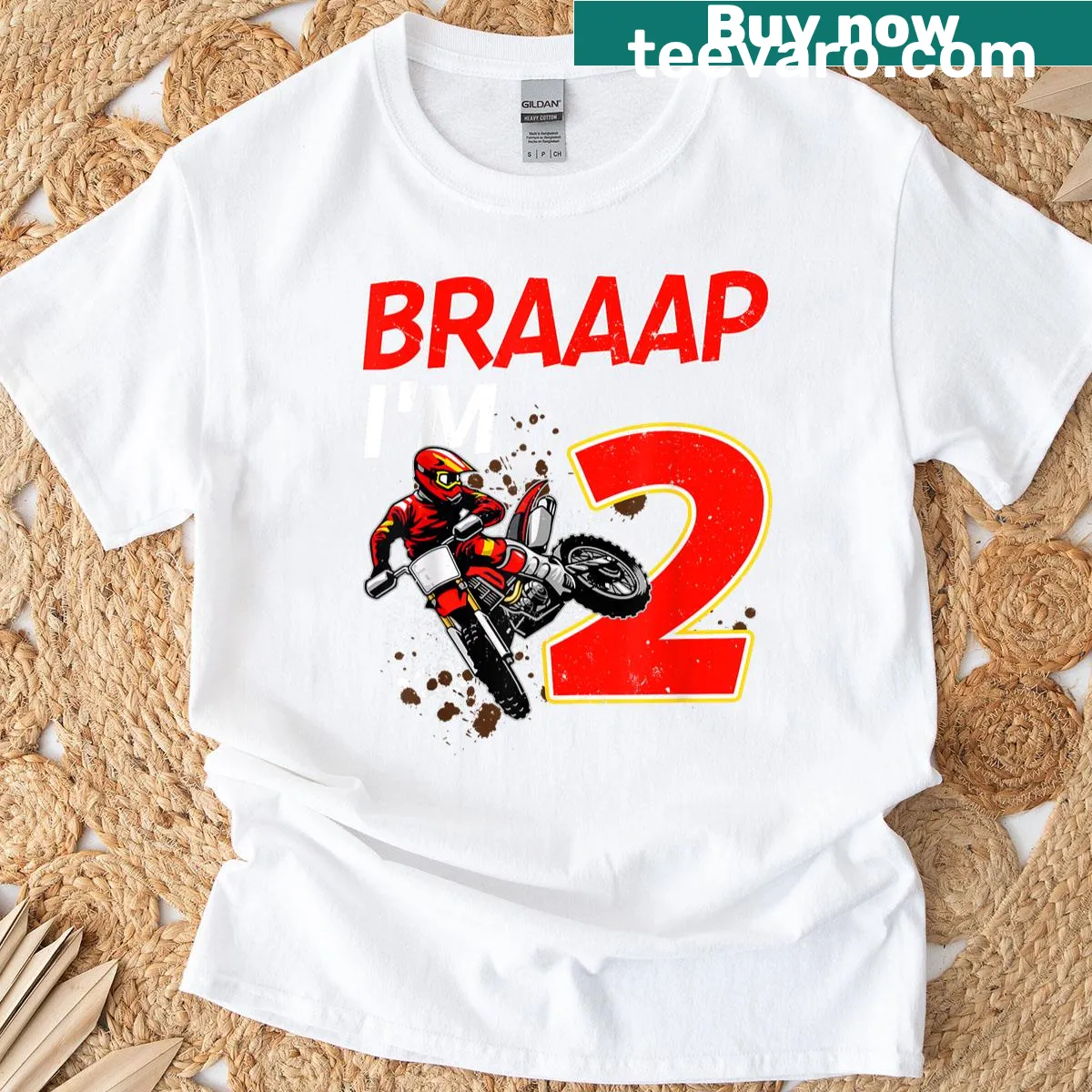 Cartoon dirt bike design celebrating a 2-year-old's birthday — on a men's t-shirt