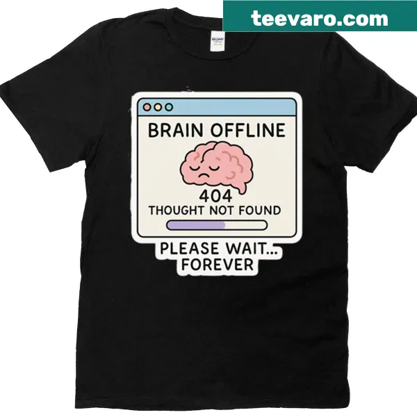 Funny oversized t-shirt with 'Brain Offline 404 Thought Not Found' text