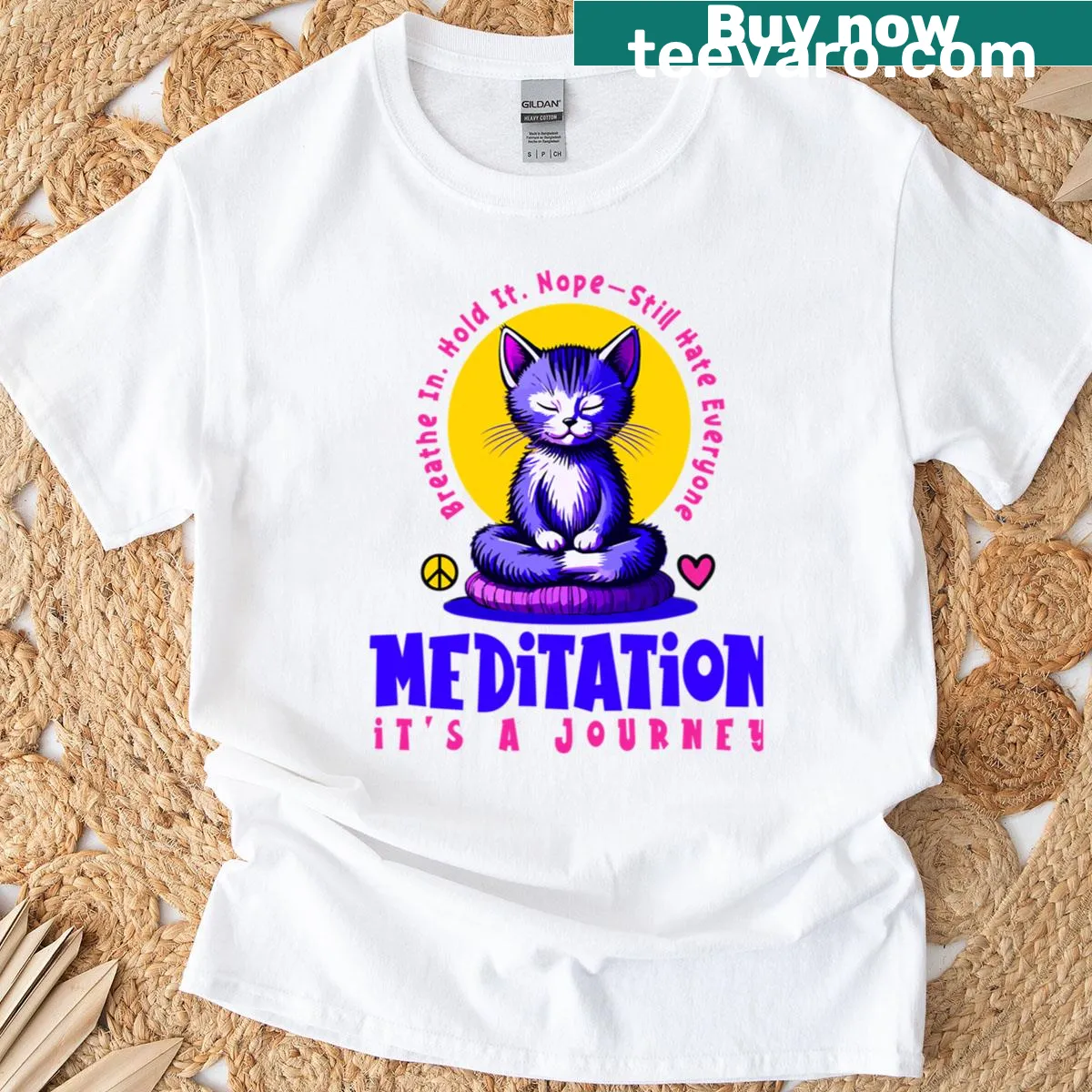 Cartoon T-shirt with a meditating cat and humorous text about chaos — on a men's t-shirt