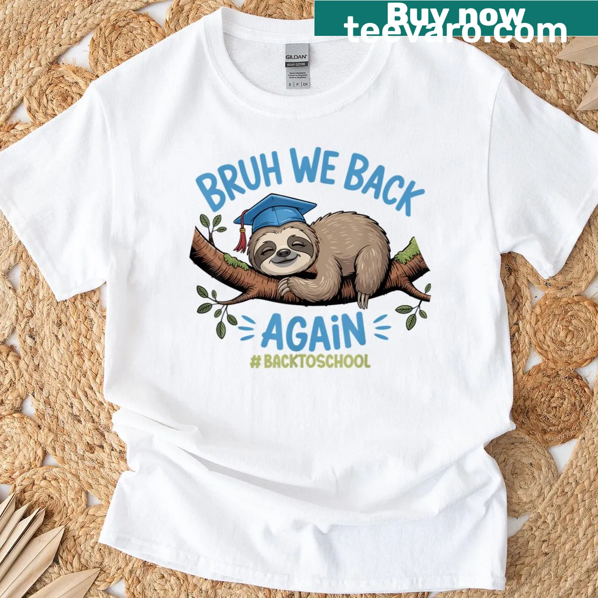Funny back-to-school sloth t-shirt with the phrase 'Bruh We Back Again' — on a men's t-shirt