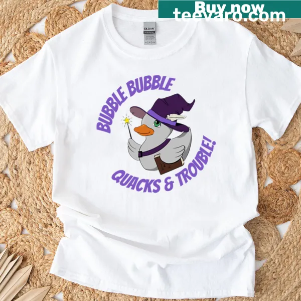 Humorous witch duck graphic in a cauldron for Halloween