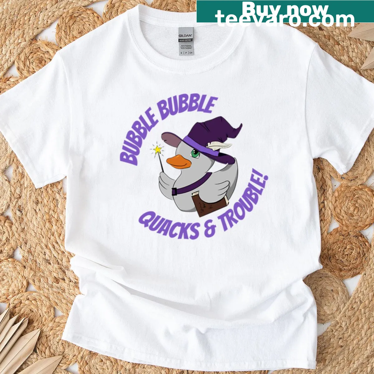 Humorous witch duck graphic in a cauldron for Halloween — on a men's t-shirt