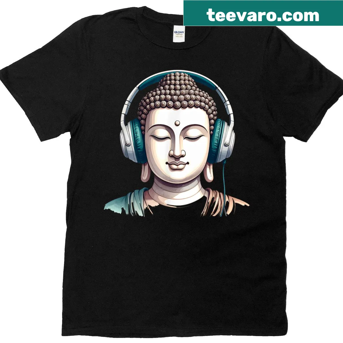 Buddha wearing headphones graphic on a t-shirt — on a men's t-shirt