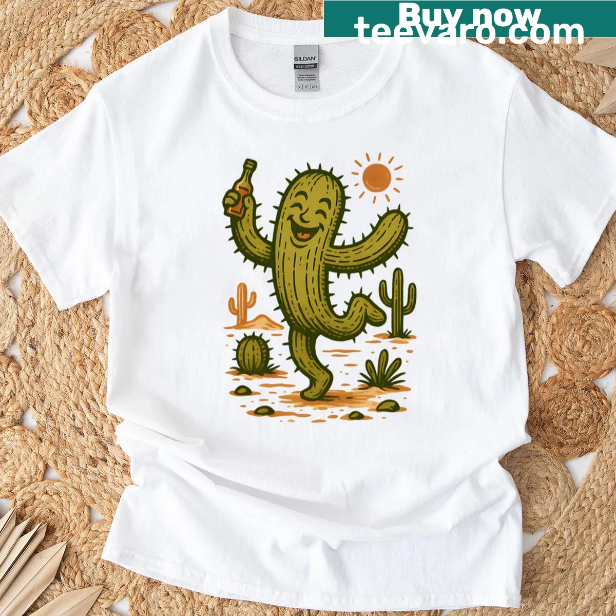 Cactus juice distillery graphic with playful typography — on a men's t-shirt