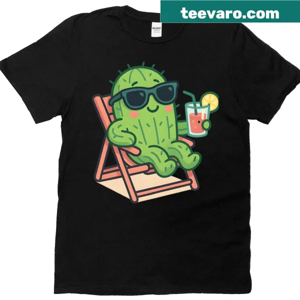 Playful t-shirt featuring a cactus on vacation with sunglasses and a piña colada.