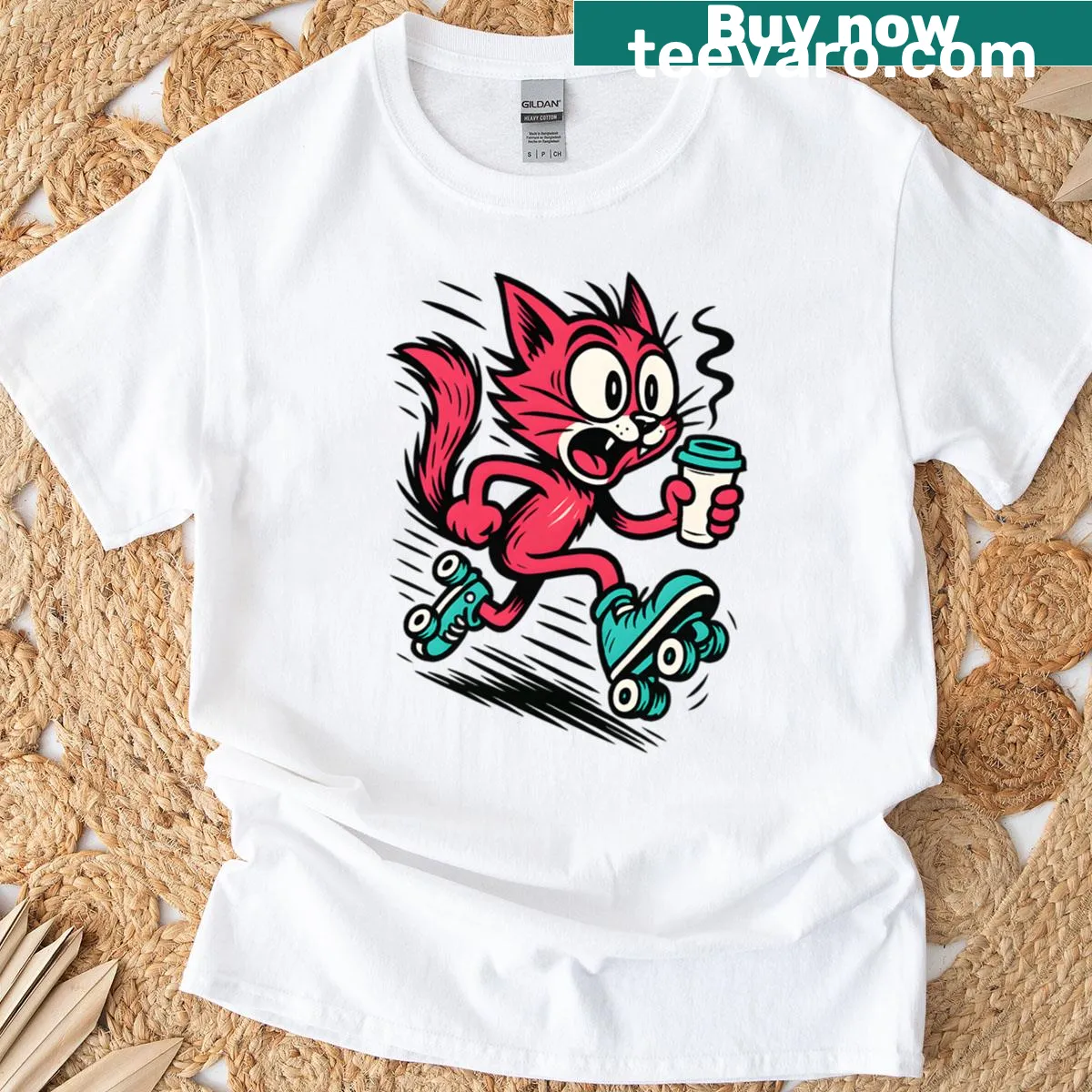 Illustration of a caffeinated cat on roller skates with a coffee cup — on a men's t-shirt