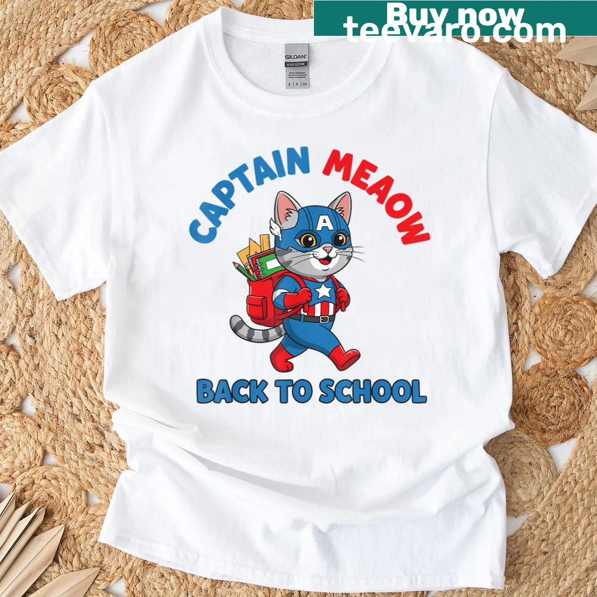 Illustration of Captain Meaow the cat in costume with a bag — on a men's t-shirt