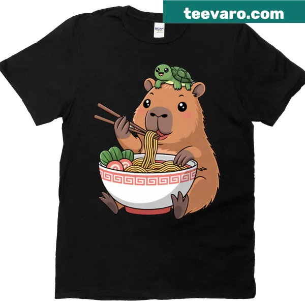 Capybara happily eating ramen in a fun illustration