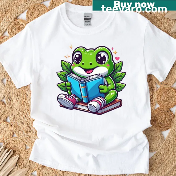Cartoon frog reading a book design on a t-shirt