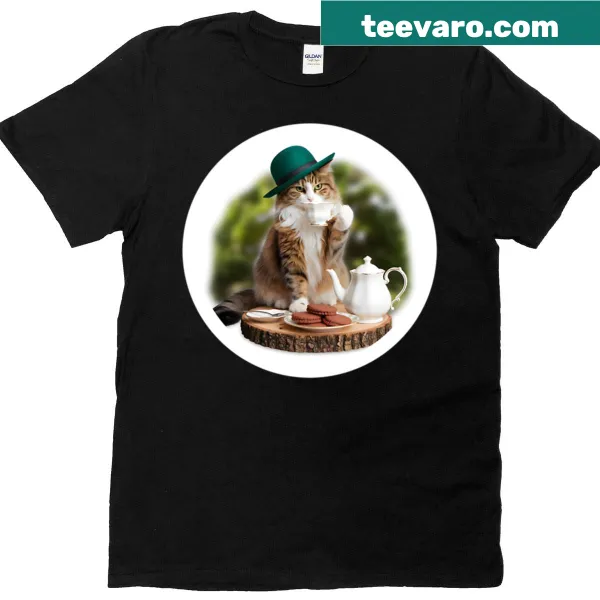 Illustration of a cat sipping tea on a T-shirt