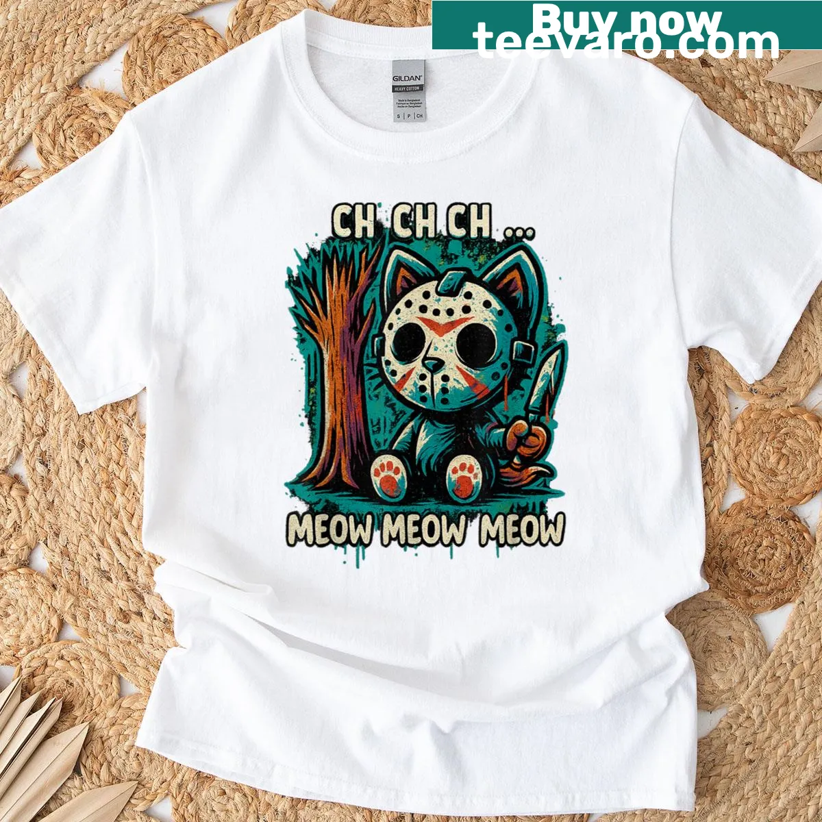 Horror themed T-shirt with 'Ch Ch Ch Meow Meow Meow' text — on a men's t-shirt