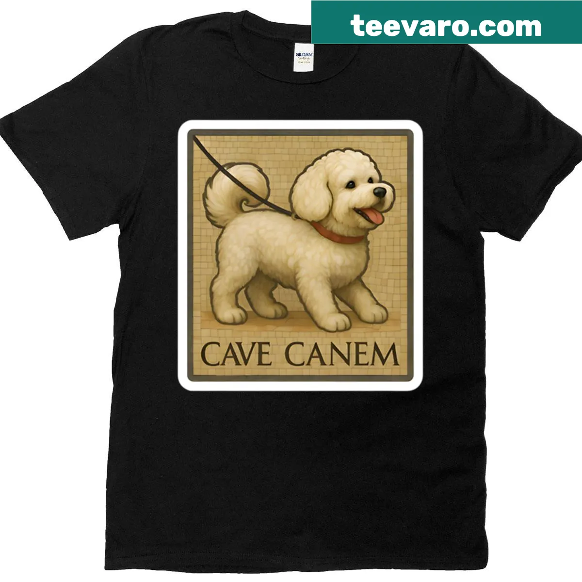Bichon Frise mosaic art t-shirt with 'Cave Canem' inscription — on a men's t-shirt