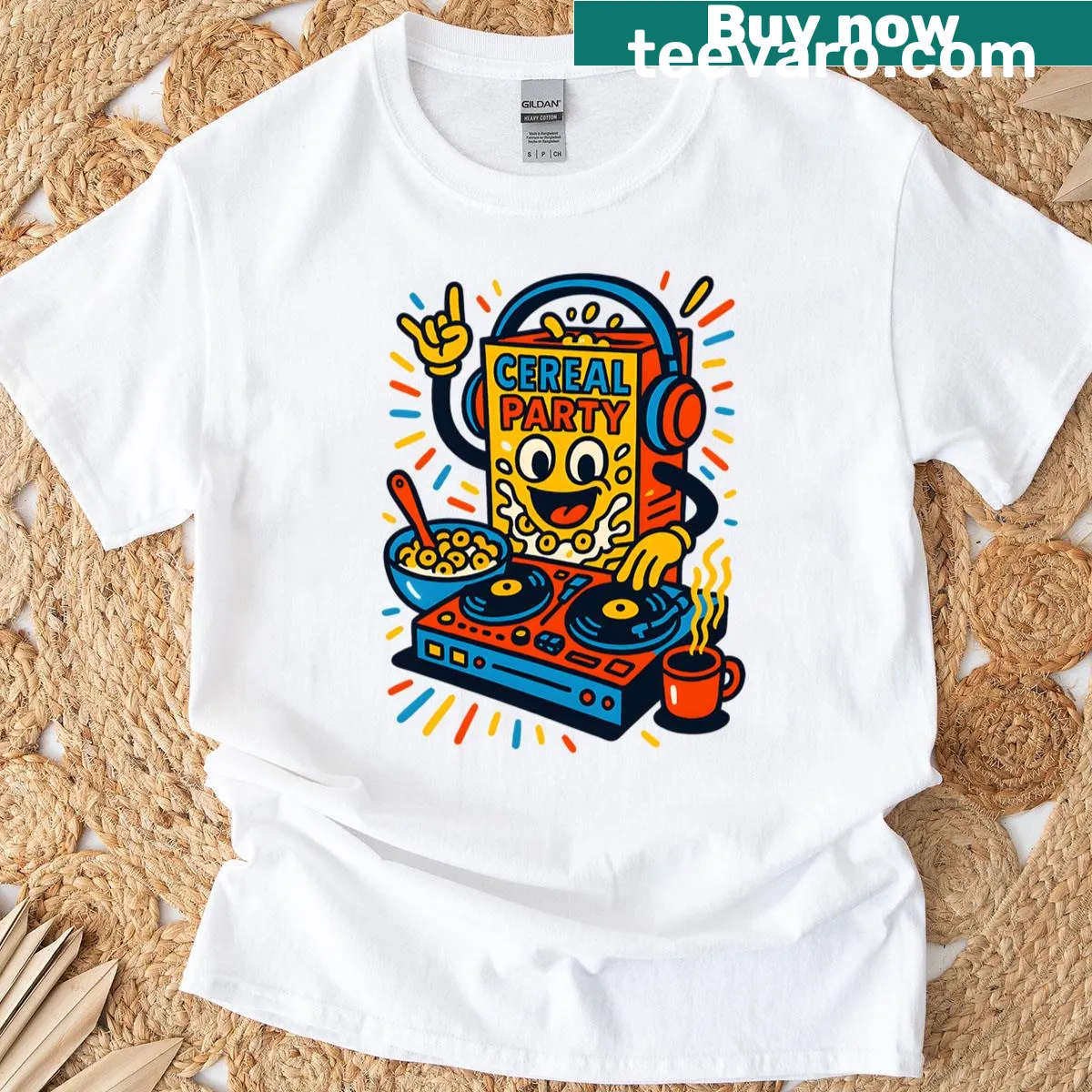 Oversized t-shirt featuring a DJ with a cereal box design at a breakfast rave — on a men's t-shirt