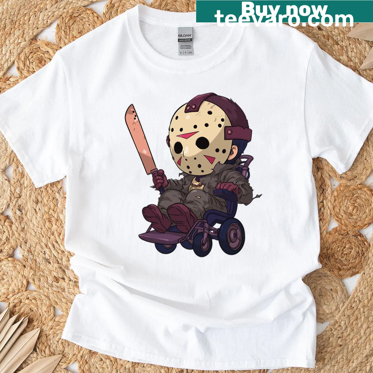 Edgy t-shirt featuring a chibi character in a wheelchair causing mayhem — on a men's t-shirt