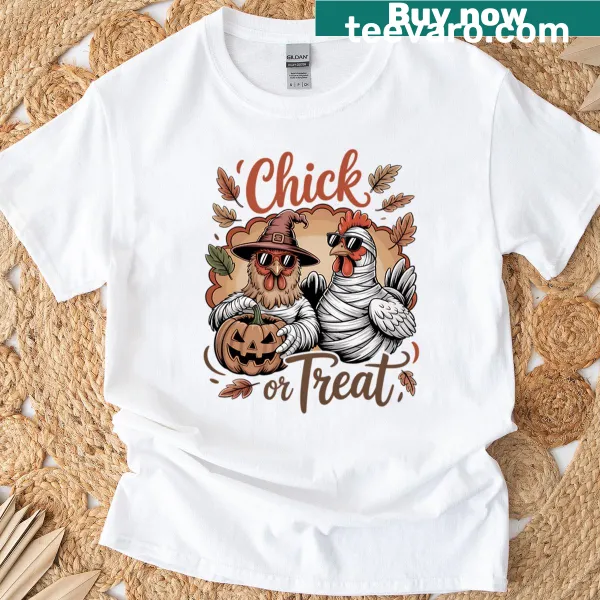 Funny Halloween t-shirt featuring a cartoon chicken for trick-or-treating