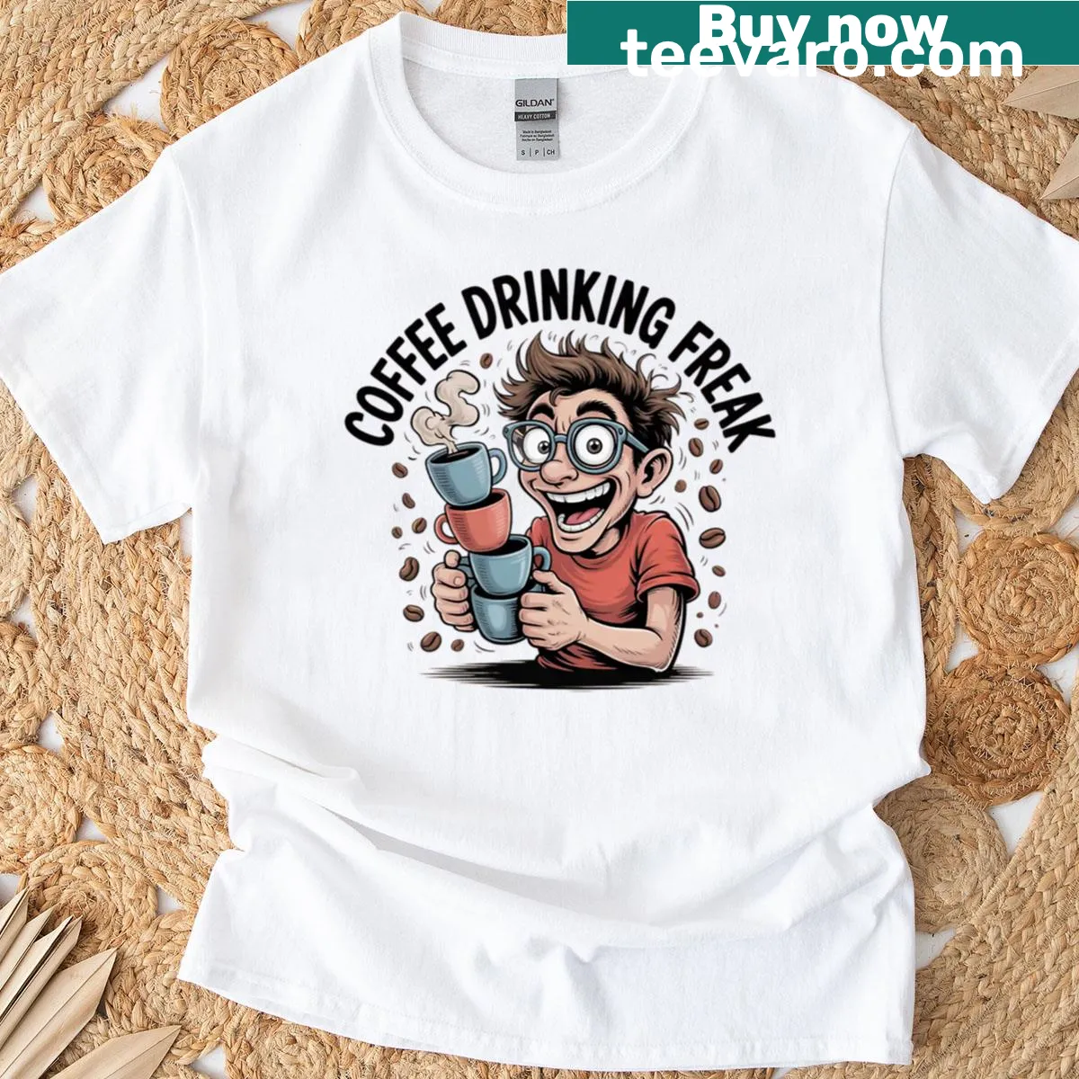 Cartoon design of a caffeinated character surrounded by coffee cups. — on a men's t-shirt