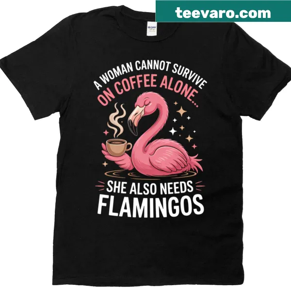 Cute cartoon flamingo holding a coffee cup on a funny T-shirt