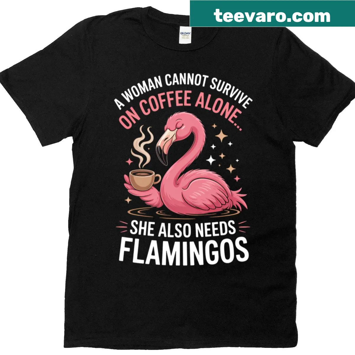 Cute cartoon flamingo holding a coffee cup on a funny T-shirt — on a men's t-shirt