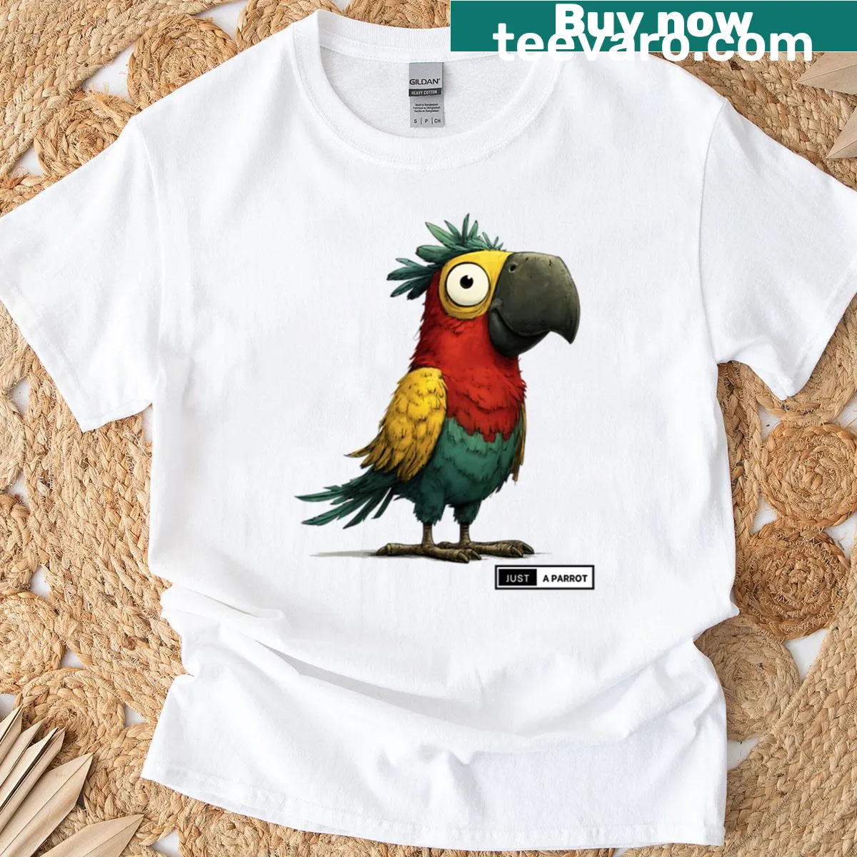 Cartoon-style t-shirt featuring a colorful parrot design — on a men's t-shirt