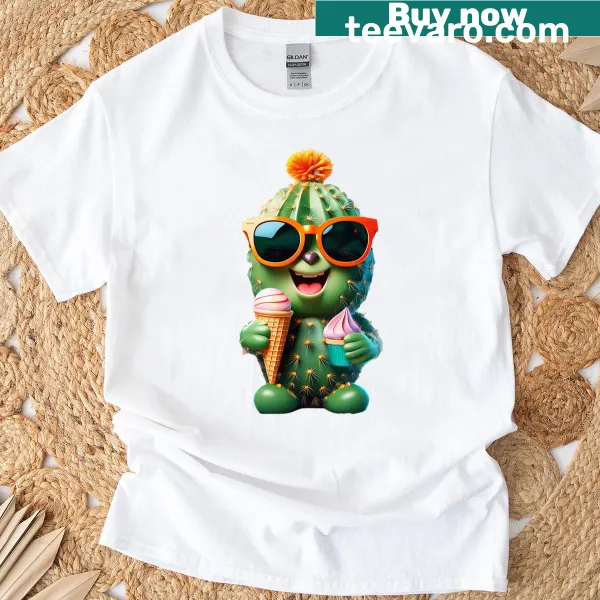 Cute cartoon cactus with ice cream graphic on a t-shirt.