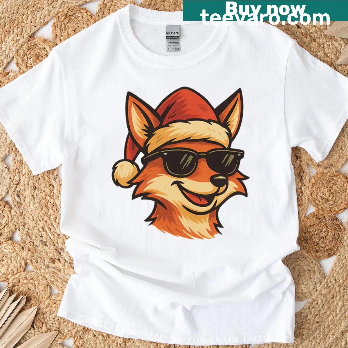 Funny Santa fox wearing sunglasses graphic on T-shirt — on a men's t-shirt