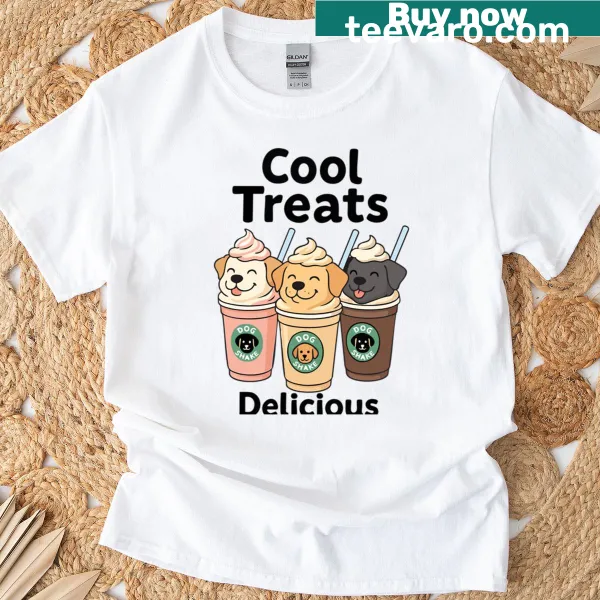 Illustrated dog enjoying a milkshake with dessert motifs