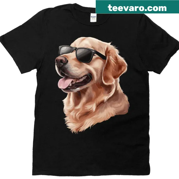 Illustration of a cool golden retriever wearing sunglasses on a T-shirt