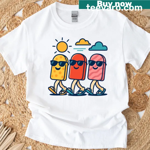 Cartoon popsicles walking under the sun graphic on T-shirt