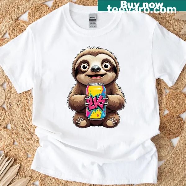 Cartoon sloth sipping a drink graphic T-shirt